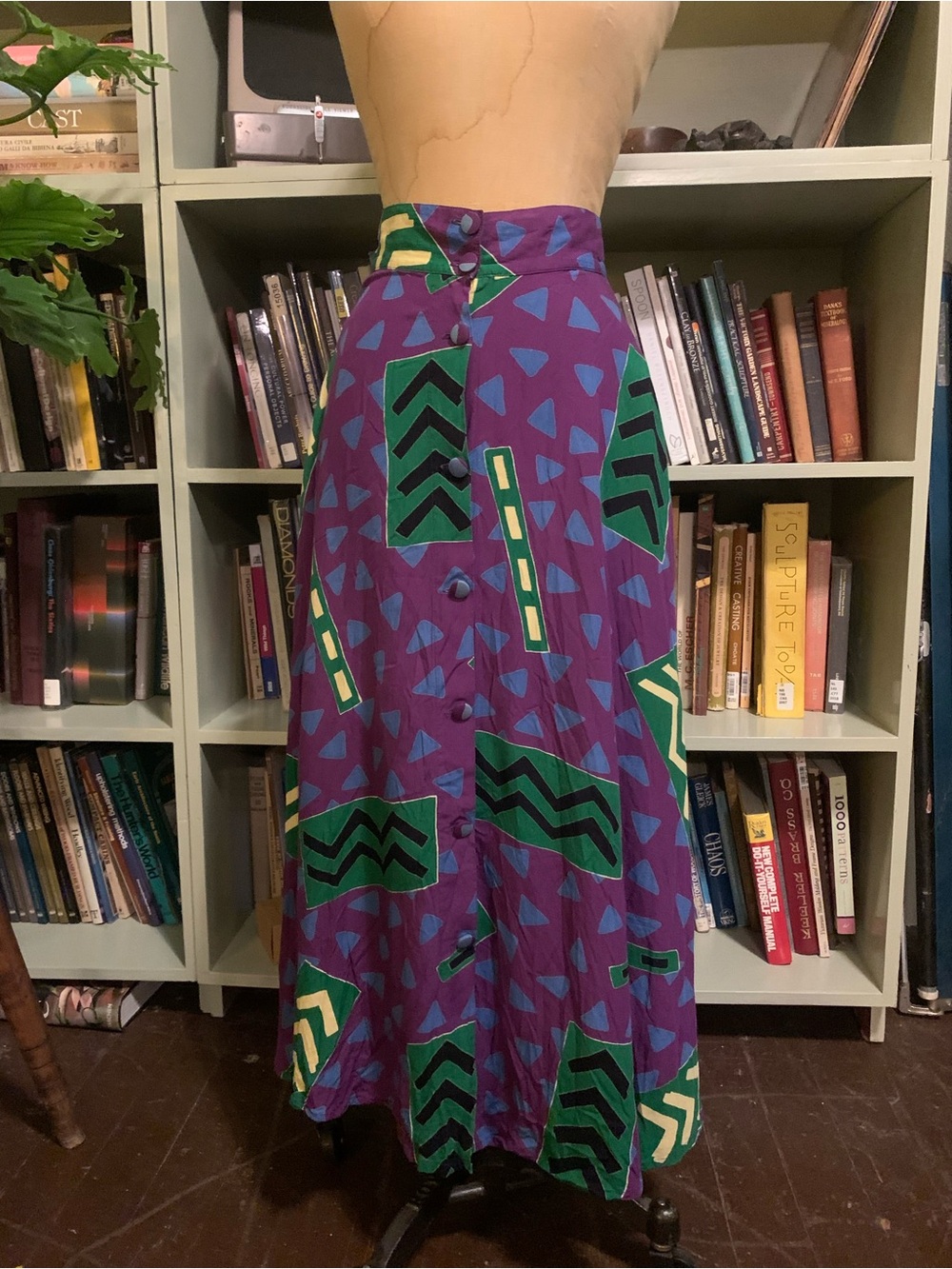 Vintage Purple Geometric Button-Front Maxi Skirt